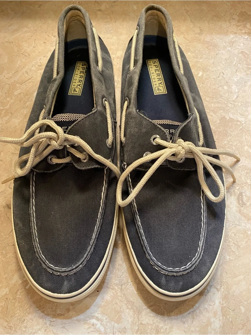 Sperry Men's Charcoal Canvas Boat Shoes with Beige Laces